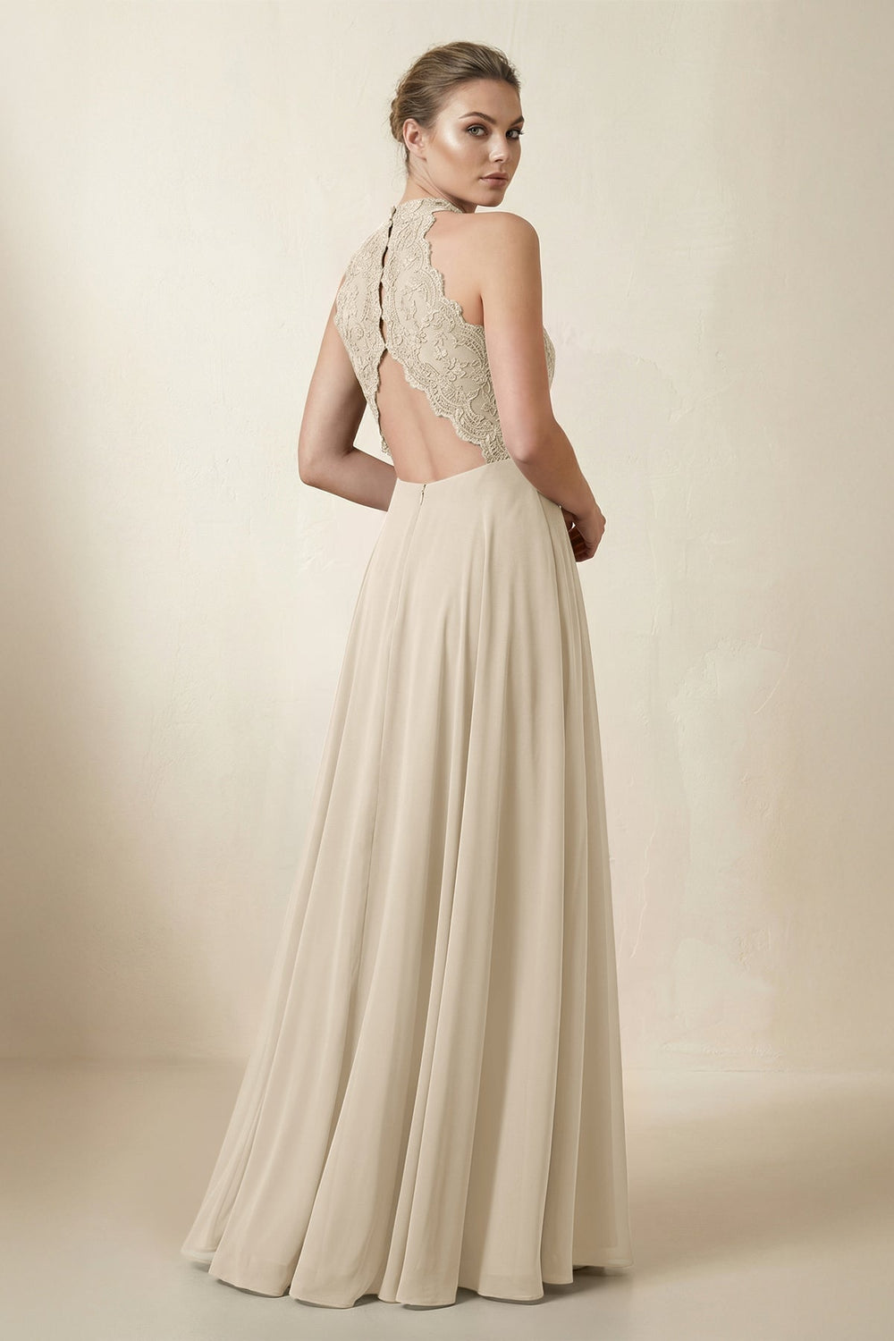 Lace Halter A - Line Chiffon Bridesmaid Dress in Champagne - KISS BRIDAL Bridesmaid Dresses