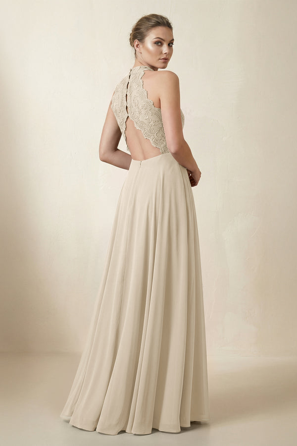 Lace Halter A - Line Chiffon Bridesmaid Dress in Champagne - KISS BRIDAL Bridesmaid Dresses