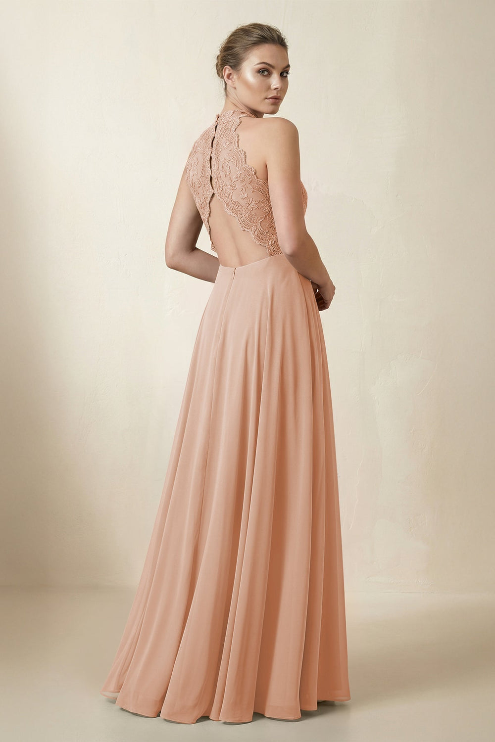 Lace Halter A - Line Chiffon Bridesmaid Dress in Champagne Rose - KISS BRIDAL Bridesmaid Dresses