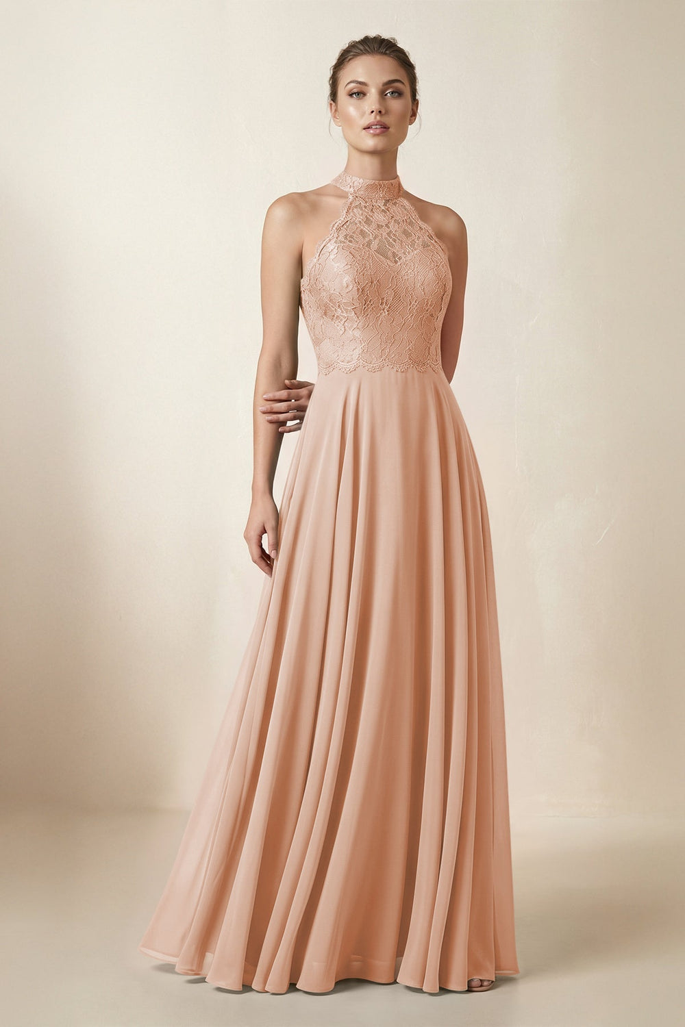 Lace Halter A - Line Chiffon Bridesmaid Dress in Champagne Rose - KISS BRIDAL Bridesmaid Dresses