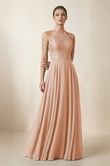 Lace Halter A - Line Chiffon Bridesmaid Dress in Champagne Rose - KISS BRIDAL Bridesmaid Dresses