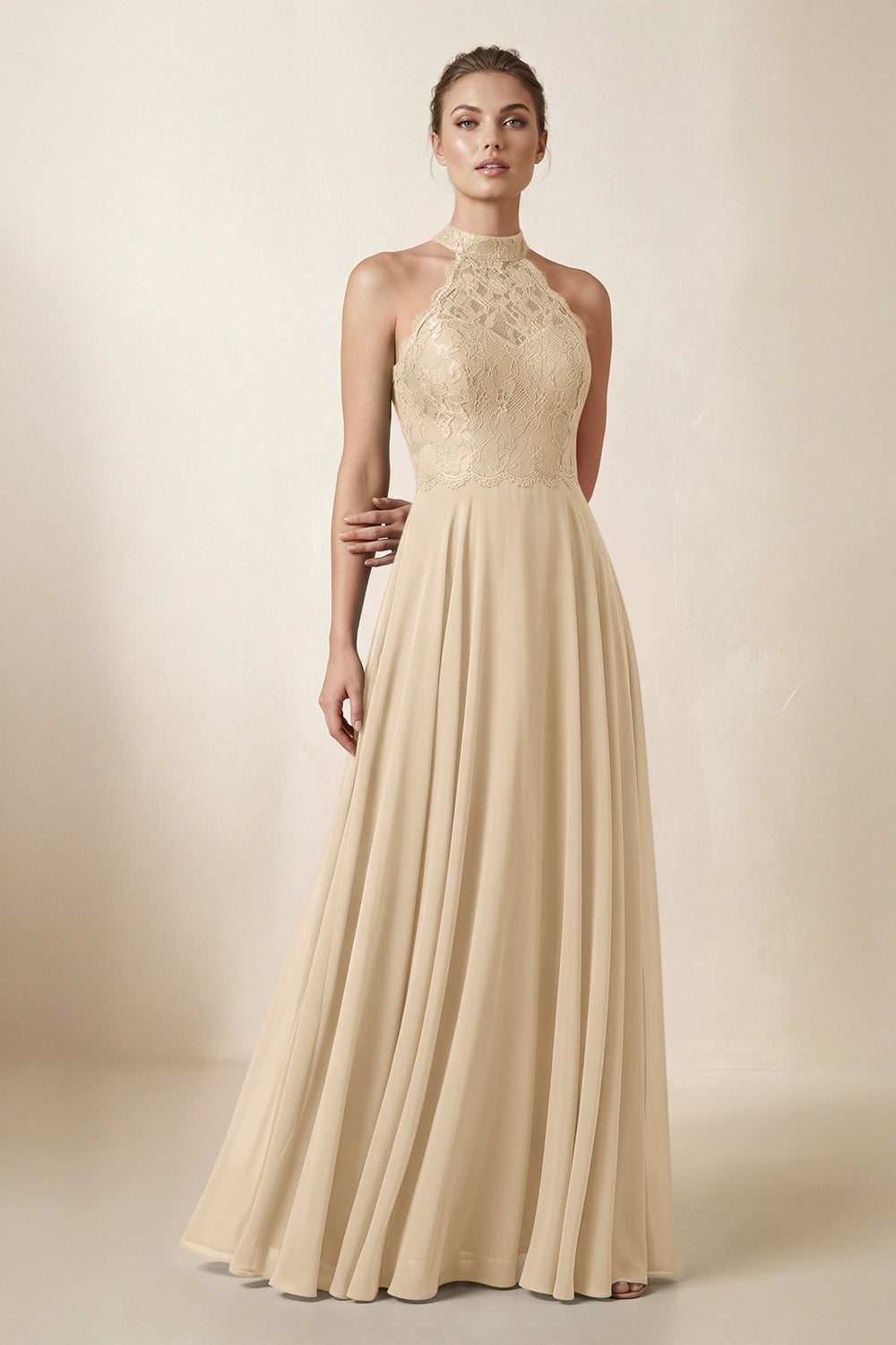 Lace Halter A-Line Chiffon Bridesmaid Dress in Champagne