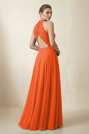 Lace Halter A-Line Chiffon Bridesmaid Dress in Cinnamon (2) | KISSBRIDAL