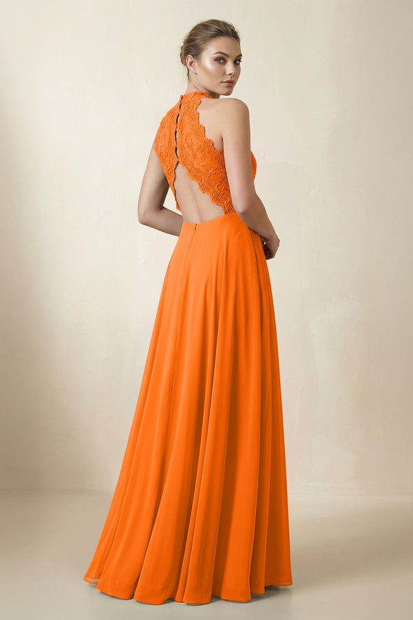 Lace Halter A - Line Chiffon Bridesmaid Dress in Cinnamon - KISS BRIDAL Bridesmaid Dresses