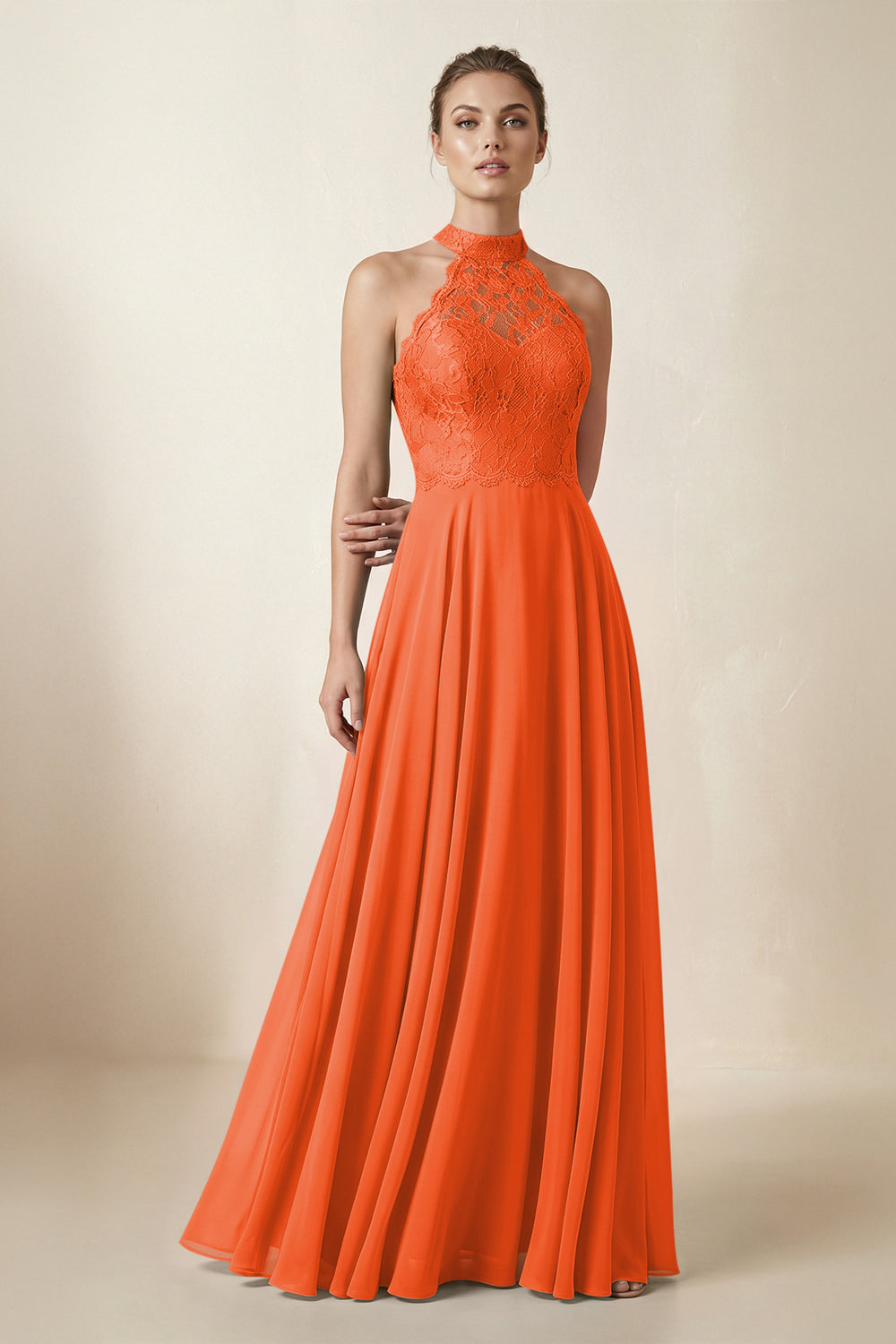 Lace Halter A-Line Chiffon Bridesmaid Dress in Cinnamon