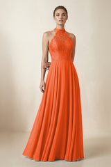 Lace Halter A-Line Chiffon Bridesmaid Dress in Cinnamon | KISSBRIDAL