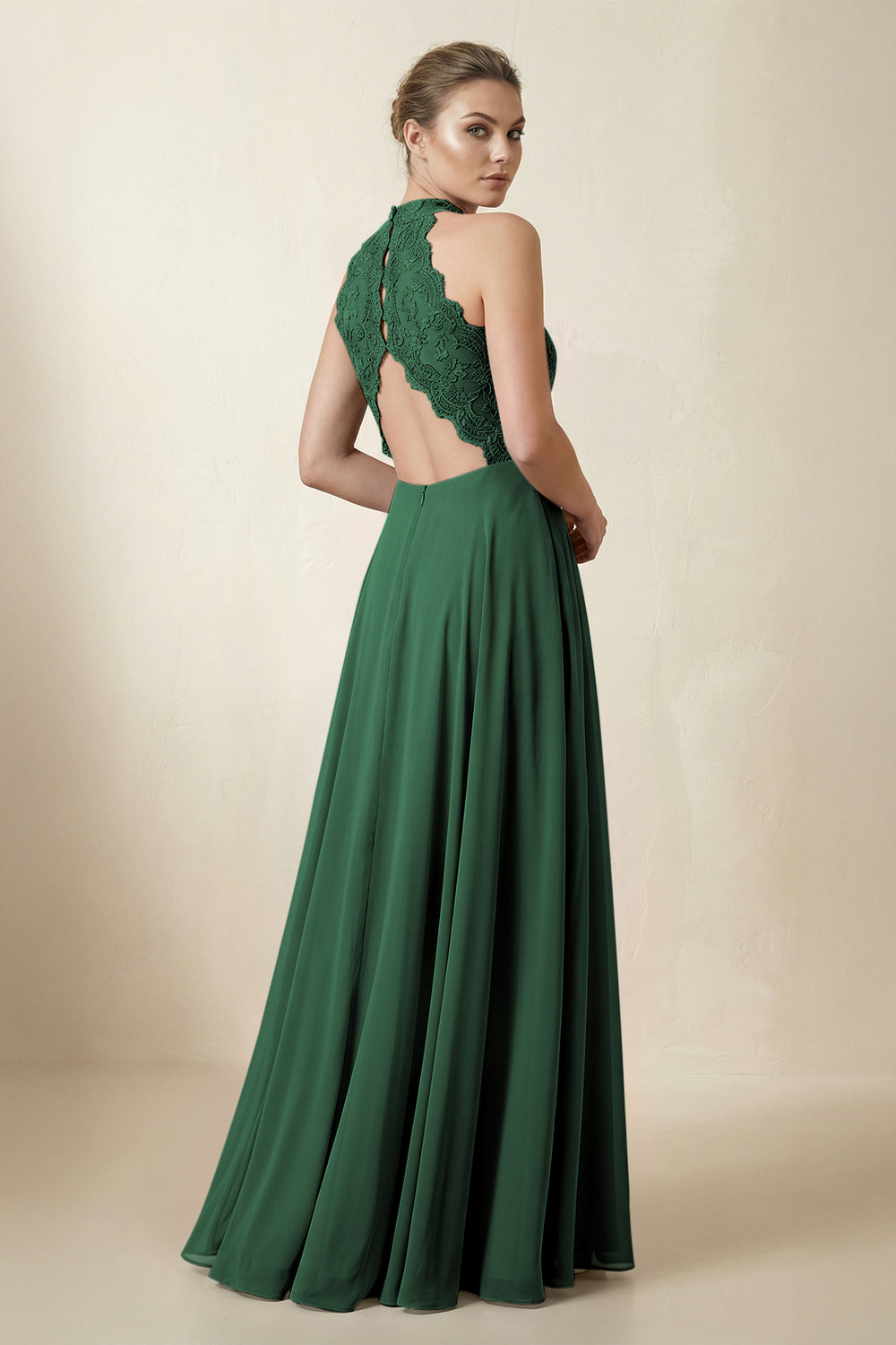Lace Halter A-Line Chiffon Bridesmaid Dress in Dark Green