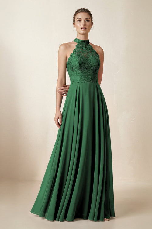 Lace Halter A - Line Chiffon Bridesmaid Dress in Dark Green - KISS BRIDAL Bridesmaid Dresses