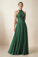Lace Halter A-Line Chiffon Bridesmaid Dress in Dark Green | KISSBRIDAL