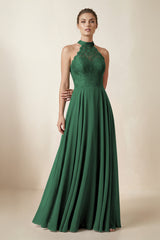 Lace Halter A-Line Chiffon Bridesmaid Dress in Dark Green | KISSBRIDAL
