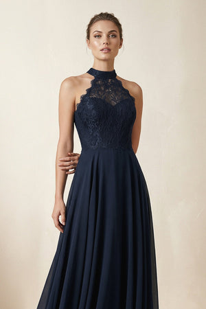 Lace Halter A - Line Chiffon Bridesmaid Dress in Dark Navy - SHE IS ME Bridesmaid Dresses