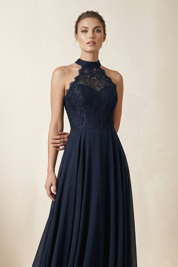 Lace Halter A - Line Chiffon Bridesmaid Dress in Dark Navy - SHE IS ME Bridesmaid Dresses