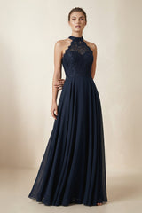 Lace Halter A - Line Chiffon Bridesmaid Dress in Dark Navy - KISS BRIDAL Bridesmaid Dresses