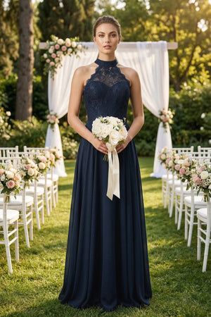 Lace Halter A - Line Chiffon Bridesmaid Dress in Dark Navy - SHE IS ME Bridesmaid Dresses