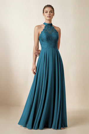Lace Halter A - Line Chiffon Bridesmaid Dress in Dark Teal - KISS BRIDAL Bridesmaid Dresses