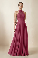 Lace Halter A - Line Chiffon Bridesmaid Dress in Desert Rose - KISS BRIDAL Bridesmaid Dresses