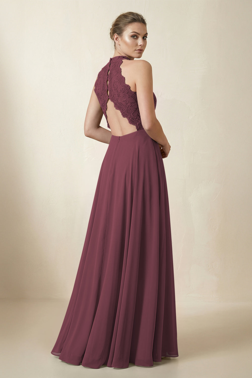 Lace Halter A-Line Chiffon Bridesmaid Dress in Desert Rose