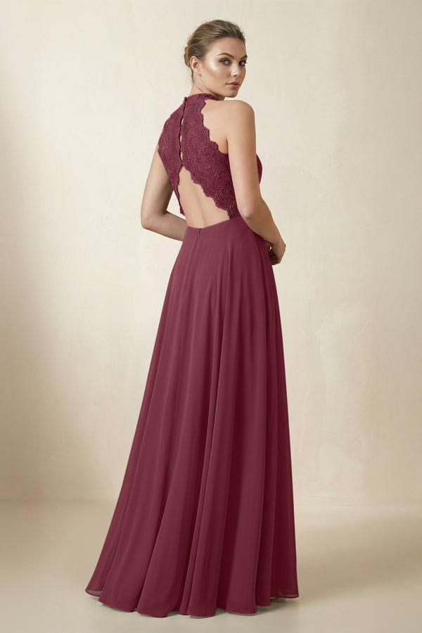 Lace Halter A-Line Chiffon Bridesmaid Dress in Desert Rose (2) | KISSBRIDAL