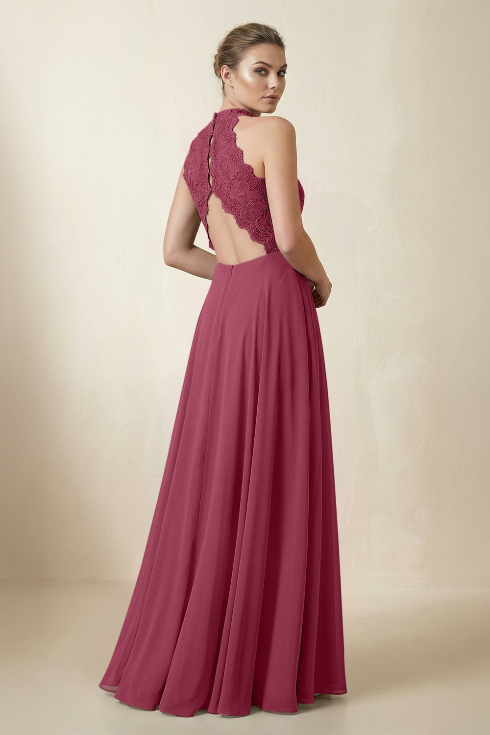Lace Halter A - Line Chiffon Bridesmaid Dress in Desert Rose - KISS BRIDAL Bridesmaid Dresses