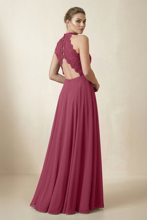 Lace Halter A - Line Chiffon Bridesmaid Dress in Desert Rose - KISS BRIDAL Bridesmaid Dresses