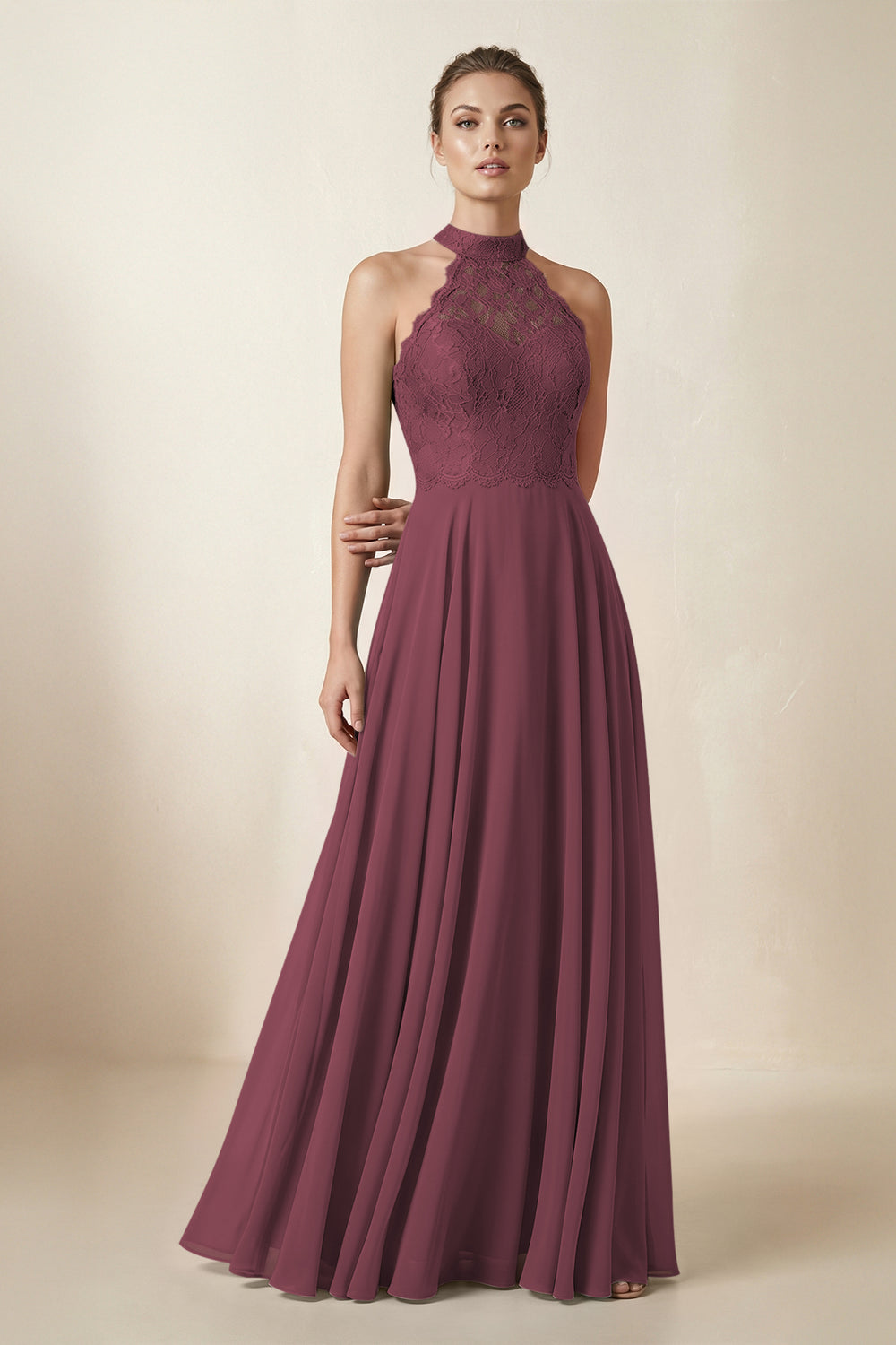 Lace Halter A-Line Chiffon Bridesmaid Dress in Desert Rose