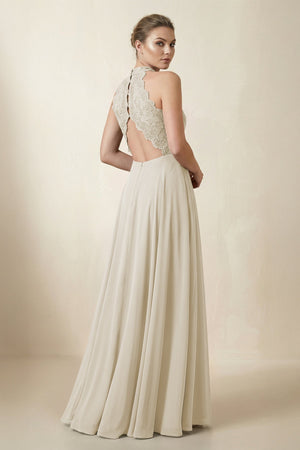 Lace Halter A - Line Chiffon Bridesmaid Dress in Dove Gray - KISS BRIDAL Bridesmaid Dresses