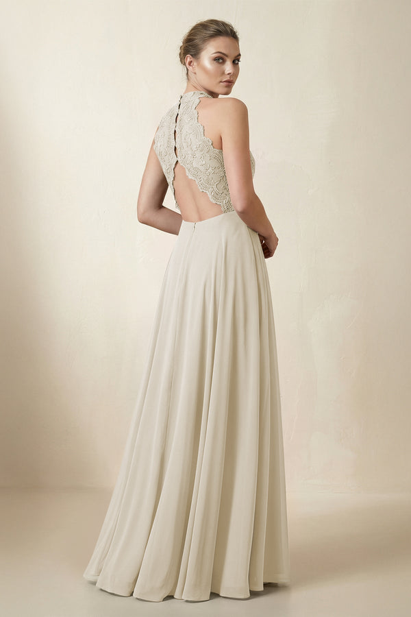 Lace Halter A - Line Chiffon Bridesmaid Dress in Dove Gray - KISS BRIDAL Bridesmaid Dresses