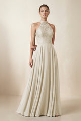 Lace Halter A - Line Chiffon Bridesmaid Dress in Dove Gray - KISS BRIDAL Bridesmaid Dresses