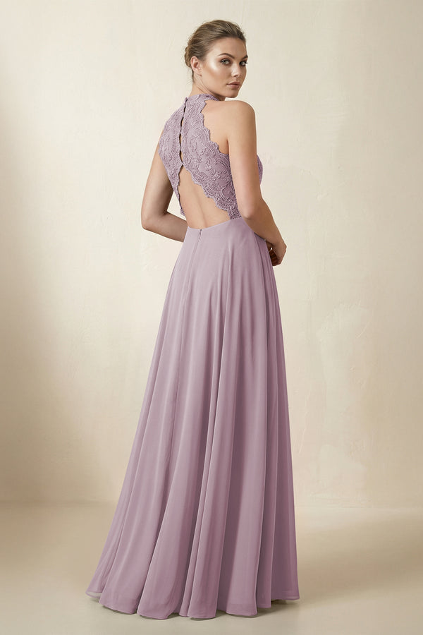 Lace Halter A - Line Chiffon Bridesmaid Dress in Dusk - KISS BRIDAL Bridesmaid Dresses