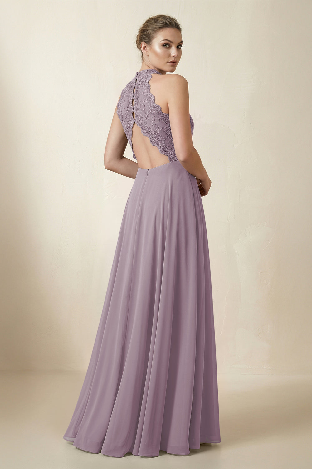 Lace Halter A-Line Chiffon Bridesmaid Dress in Dusk