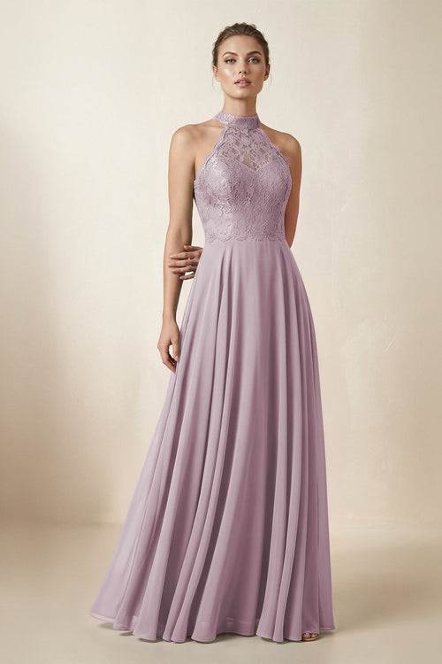 Lace Halter A - Line Chiffon Bridesmaid Dress in Dusk - KISS BRIDAL Bridesmaid Dresses