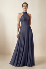 Lace Halter A - Line Chiffon Bridesmaid Dress in Dusk Blue - KISS BRIDAL Bridesmaid Dresses