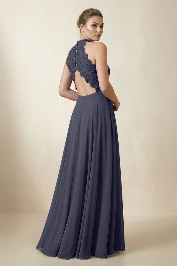 Lace Halter A - Line Chiffon Bridesmaid Dress in Dusk Blue - KISS BRIDAL Bridesmaid Dresses