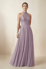Lace Halter A-Line Chiffon Bridesmaid Dress in Dusk | KISSBRIDAL
