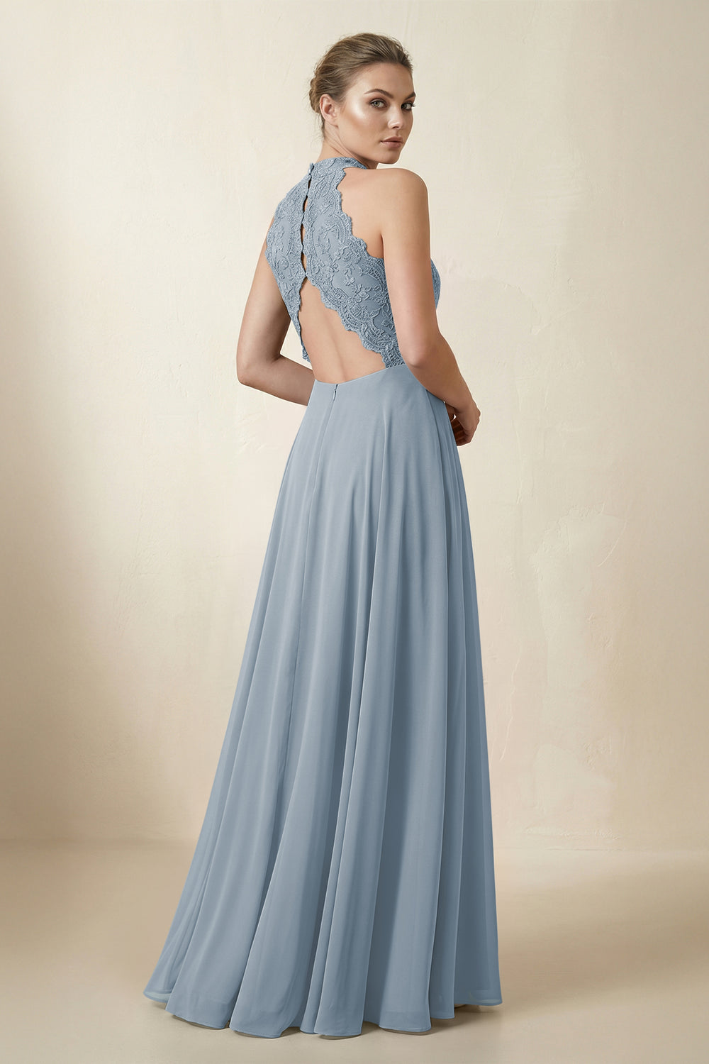 Lace Halter A-Line Chiffon Bridesmaid Dress in Dusty Blue