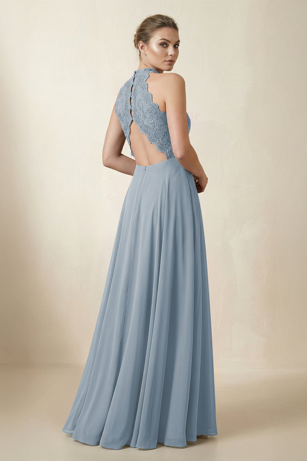 Lace Halter A-Line Chiffon Bridesmaid Dress in Dusty Blue (2) | KISSBRIDAL