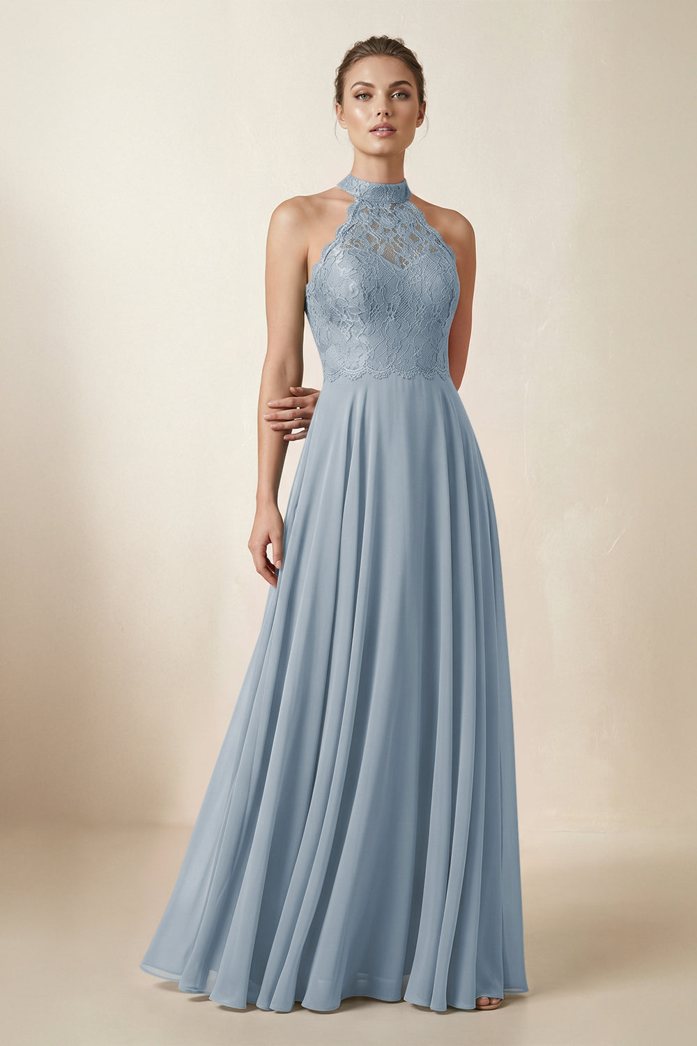 Lace Halter A-Line Chiffon Bridesmaid Dress in Dusty Blue