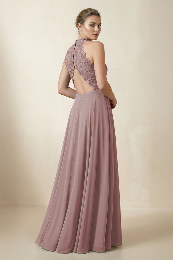 Lace Halter A-Line Chiffon Bridesmaid Dress in Dusty Rose (2) | KISSBRIDAL