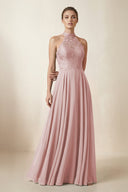 Lace Halter A - Line Chiffon Bridesmaid Dress in Dusty Rose - KISS BRIDAL Bridesmaid Dresses