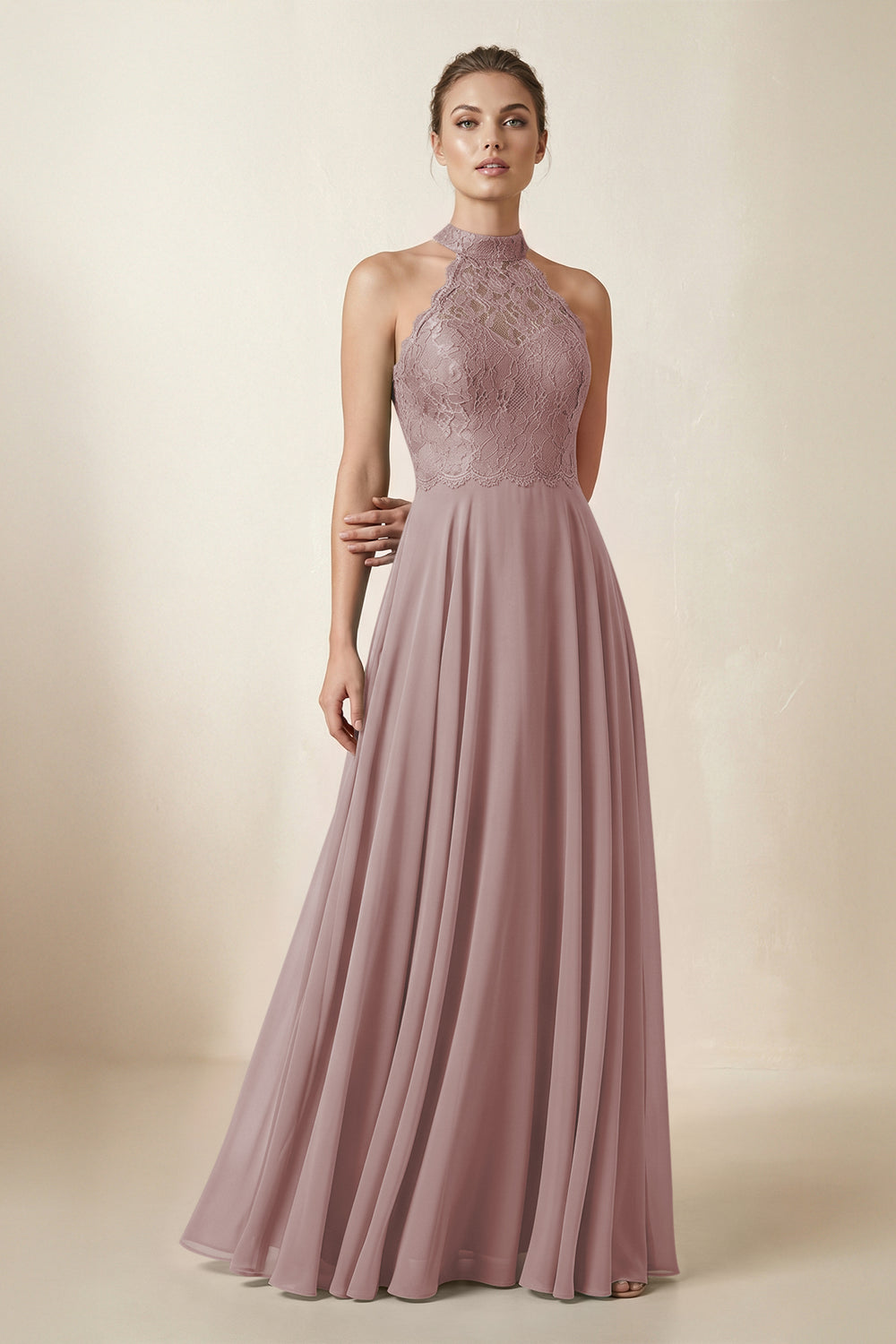 Lace Halter A-Line Chiffon Bridesmaid Dress in Dusty Rose