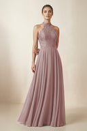 Lace Halter A-Line Chiffon Bridesmaid Dress in Dusty Rose | KISSBRIDAL