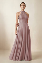 Lace Halter A-Line Chiffon Bridesmaid Dress in Dusty Rose | KISSBRIDAL