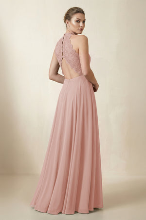 Lace Halter A-Line Chiffon Bridesmaid Dress in English Rose (2) | KISSBRIDAL