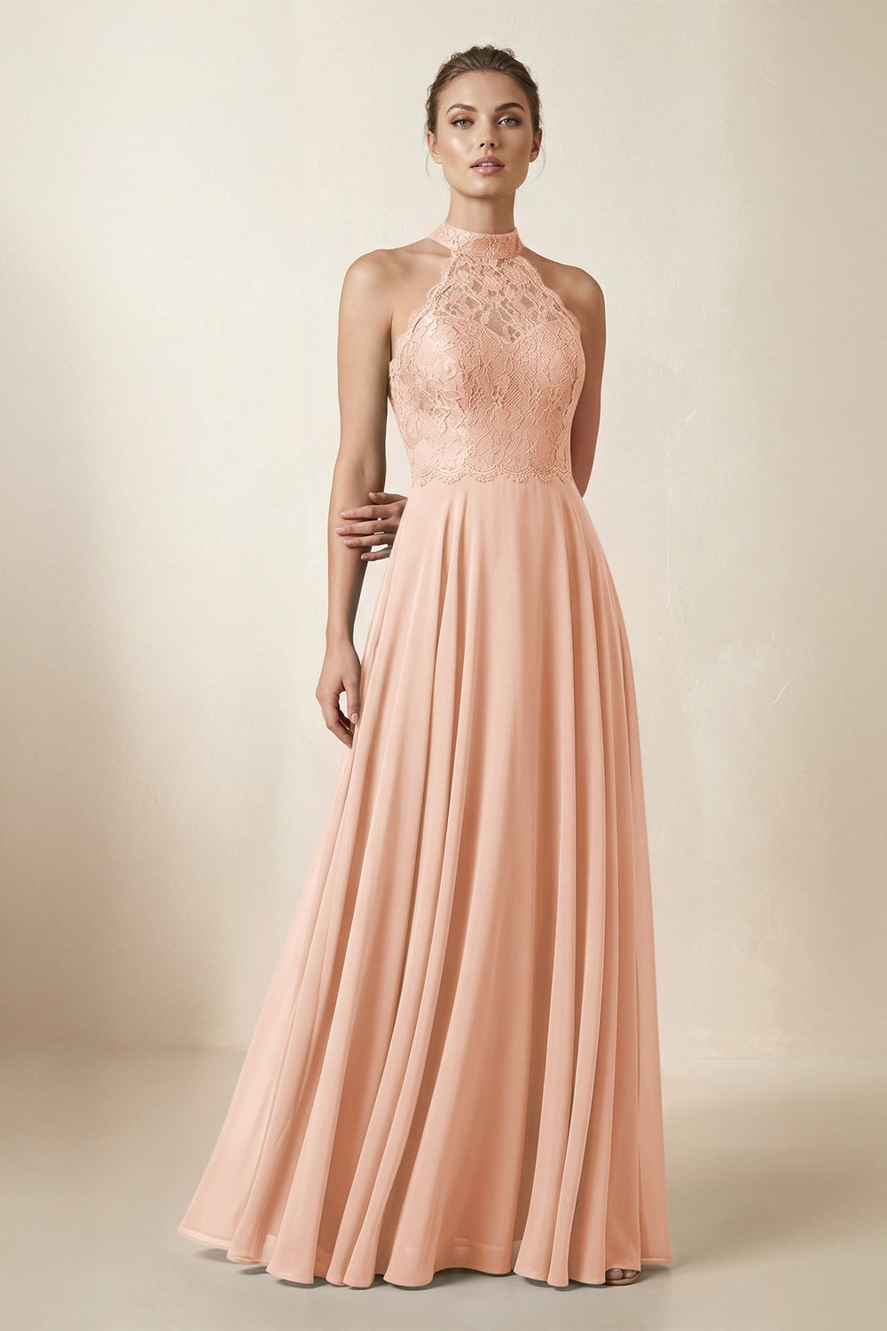 Lace Halter A - Line Chiffon Bridesmaid Dress in English Rose - KISS BRIDAL Bridesmaid Dresses
