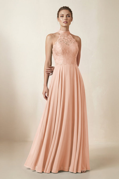 Lace Halter A - Line Chiffon Bridesmaid Dress in English Rose - KISS BRIDAL Bridesmaid Dresses