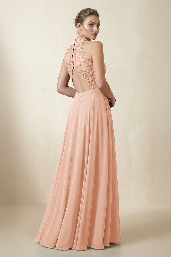 Lace Halter A - Line Chiffon Bridesmaid Dress in English Rose - KISS BRIDAL Bridesmaid Dresses