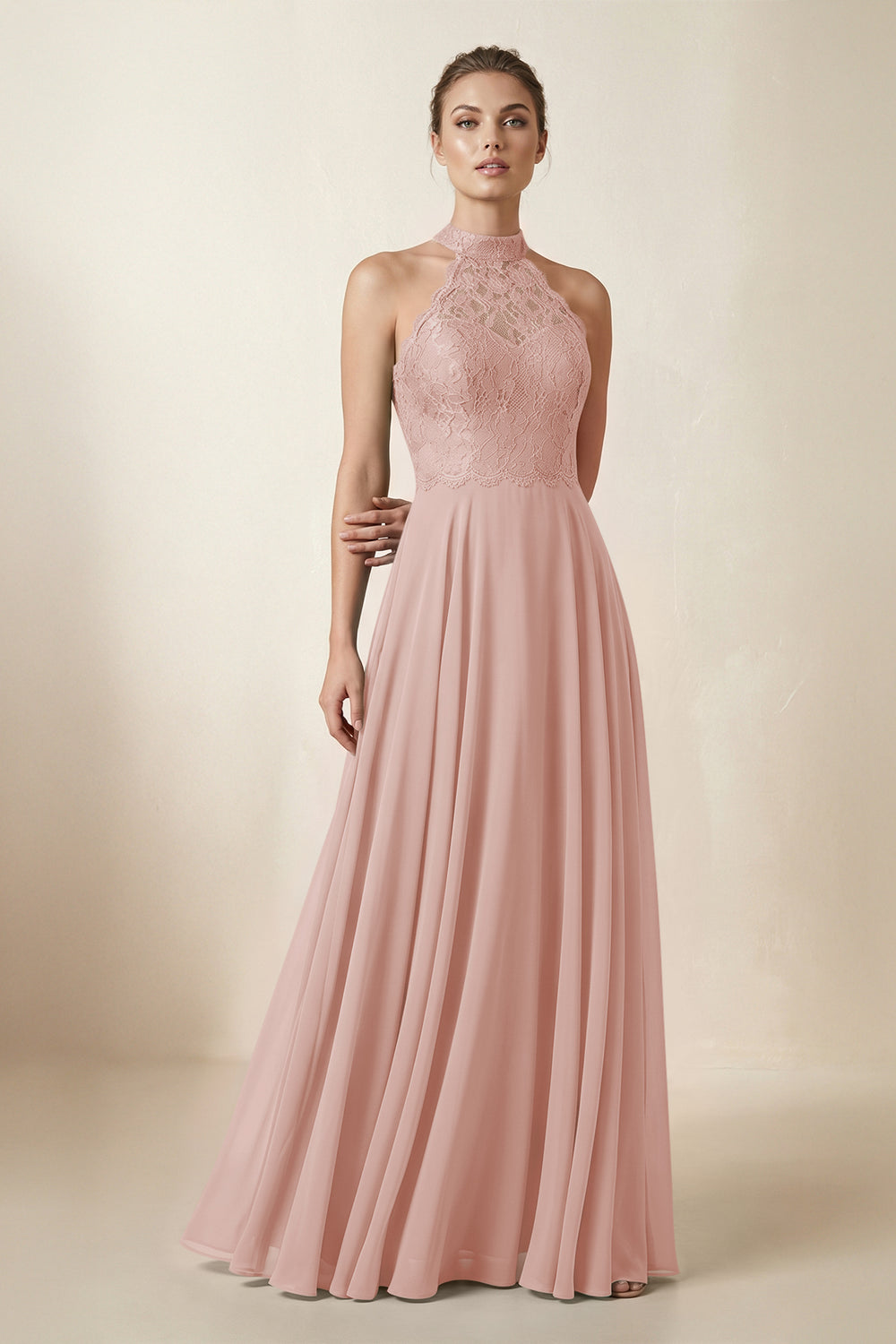 Lace Halter A-Line Chiffon Bridesmaid Dress in English Rose