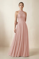 Lace Halter A-Line Chiffon Bridesmaid Dress in English Rose | KISSBRIDAL