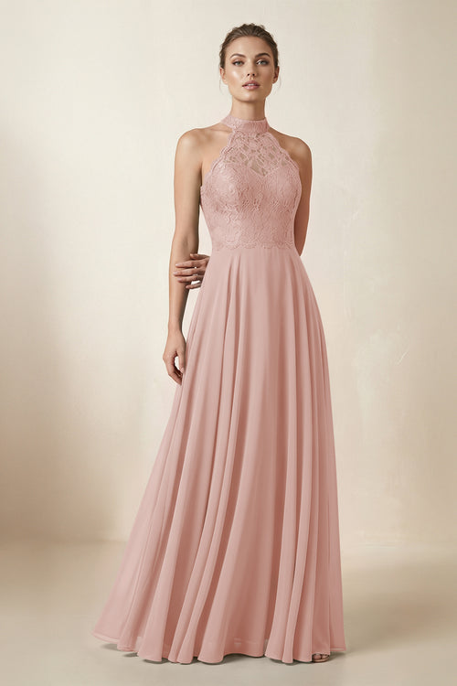 Lace Halter A-Line Chiffon Bridesmaid Dress in English Rose | KISSBRIDAL