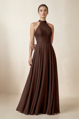 Lace Halter A - Line Chiffon Bridesmaid Dress in Espresso - KISS BRIDAL Bridesmaid Dresses